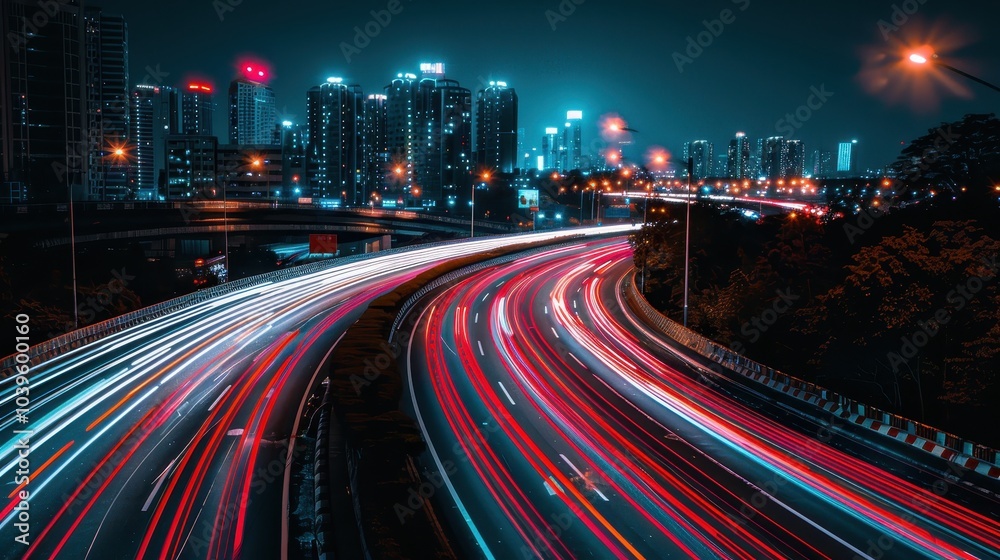 Fototapeta premium Long Exposure Shot of Bustling Highway at Night