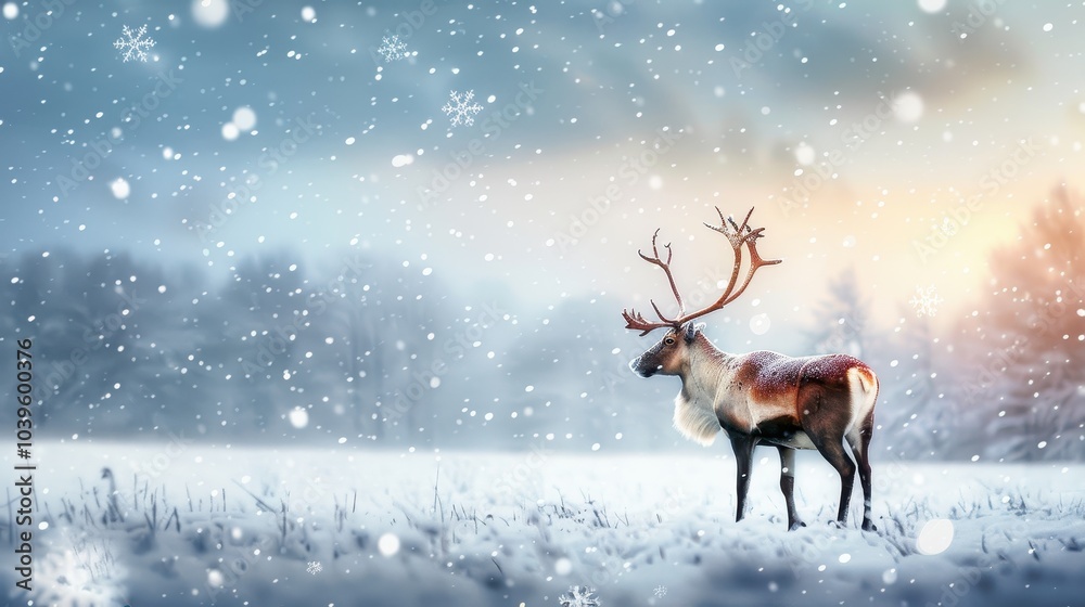 Majestic Reindeer Standing in Snowy Landscape Majestic Reindeer Standing in Snowy Landscape
