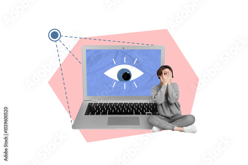 Creative poster figurative collage of frightened scared lady computer cybersecurity privacy data information hacker virus spying dangerous photo