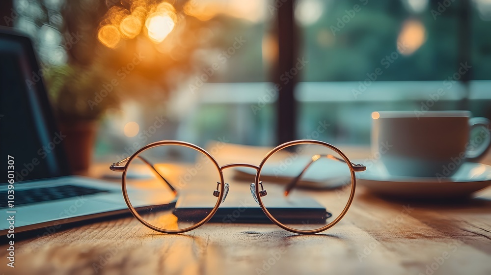 Trendy Wire Framed Eyeglasses on Wooden Desk with Laptop and Coffee in Professional Office Setting Trendy Wire Framed Eyeglasses on Wooden Desk with Laptop and Coffee in Professional Office Setting