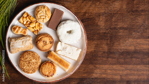 Plate with various Christmas sweets, mantecado, donut, nougat, marzipan among other sweets, top view and close-up. photo