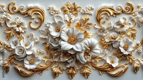 Intricate golden filigree Baroque floral ornamentation with swirling rococoinspired details richly decorating an elegant white background with ornate regal frames and vintage elements