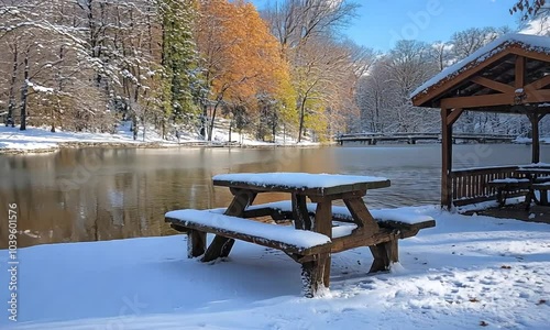 A serene winter scene featuring a gazebo and picnic table by a snow-covered lake.