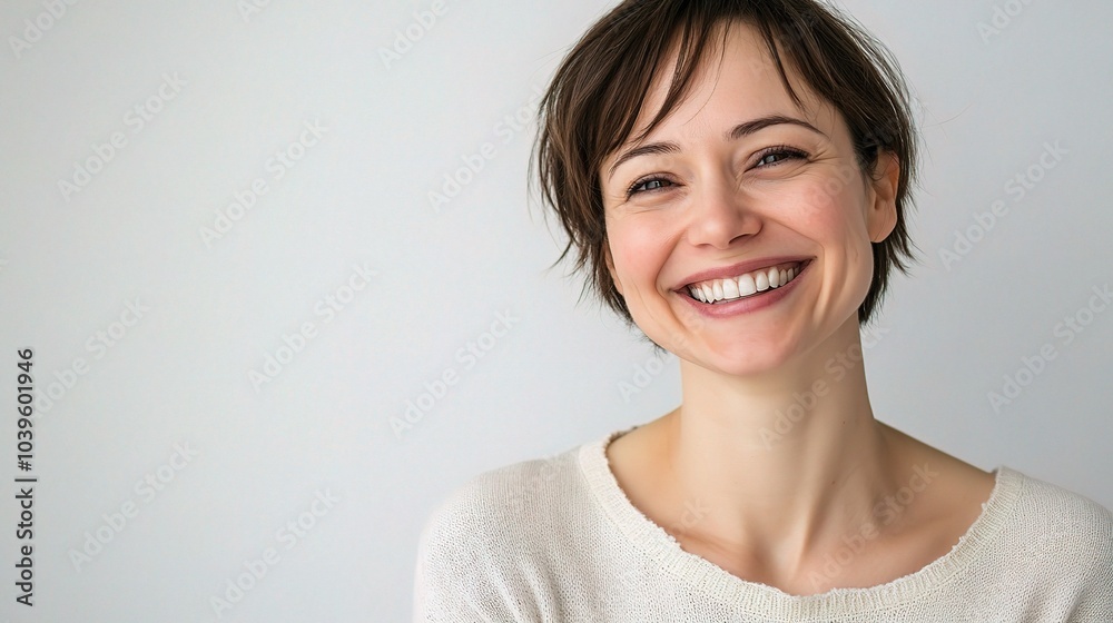 Happy Woman Smiling Against a Neutral Background Happy Woman Smiling Against a Neutral Background