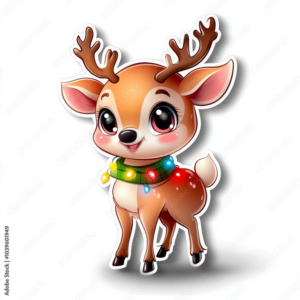 Obraz premium Adorable cartoon reindeer wearing a colorful scarf with glowing lights, radiating festive holiday spirit and joy in its cheerful expression.