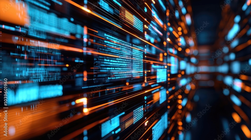 Futuristic data stream with bright blue and orange light trails against a dark background. Futuristic data stream with bright blue and orange light trails against a dark background.