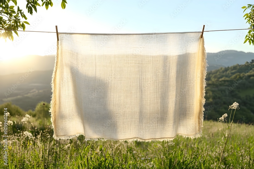 Natural Cotton Cloth Mockup Hanging on Clothesline in Scenic Outdoor Setting Natural Cotton Cloth Mockup Hanging on Clothesline in Scenic Outdoor Setting
