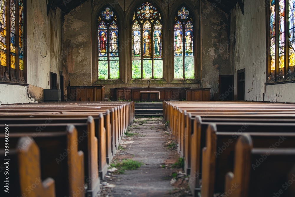 Fototapeta premium An eerie, abandoned church with broken stained glass windows, overgrown grass, and decaying pews, with space in the aisle for text, creating a haunting atmosphere of lost faith and solitude.