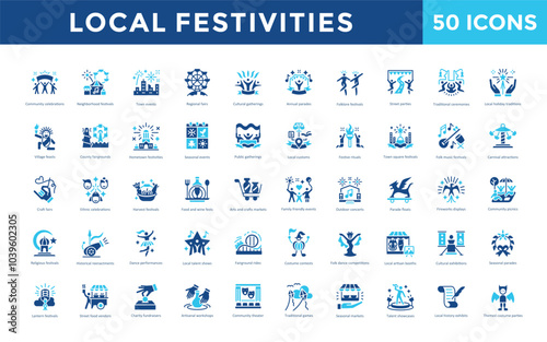 Local festivities icon set with community celebrations, neighborhood festivals, town events, regional fairs, cultural gatherings, annual parades, folklore festivals icon. Simple flat vector 
