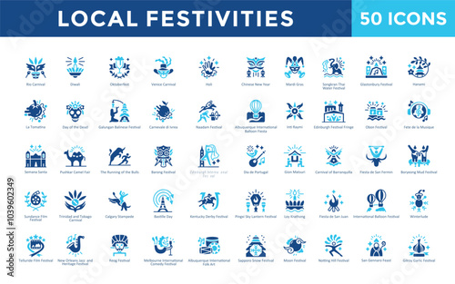 Local festivities icon set with rio carnival, diwali, oktoberfest, venice carnival, holi, chinese new year, mardi gras, songkran thai water festival, glastonbury festival icon. Simple flat vector 
