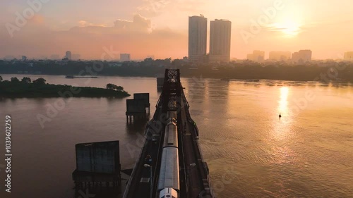 Wallpaper Mural Aerial view of Long Bien bridge over Hong river (or Red river) that connects two districts, Hoan Kiem and Long Bien in Hanoi city, Vietnam. Torontodigital.ca
