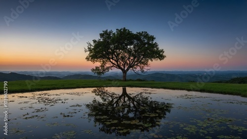 Lone Tree Reflected in Calm Water at Sunset