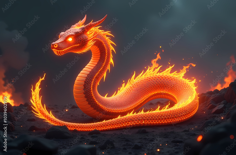 a surreal, fantasy depiction of a snake made entirely of molten magma and fire a surreal, fantasy depiction of a snake made entirely of molten magma and fire