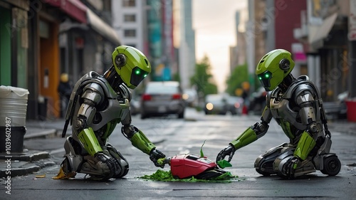 Urban Cleaning Robots - Green & Grey, Street Scene photo