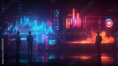 Silhouetted Figures Facing Digital Data Visualizations in a Nighttime Urban Landscape