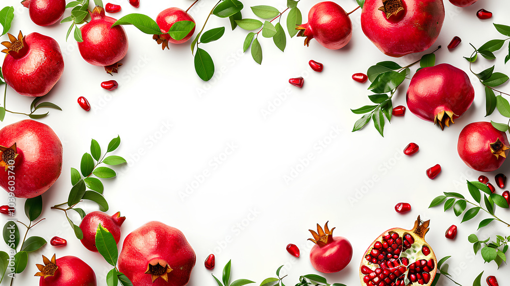 Close up of red fruit, including pomegranates, with a white background Close up of red fruit, including pomegranates, with a white background