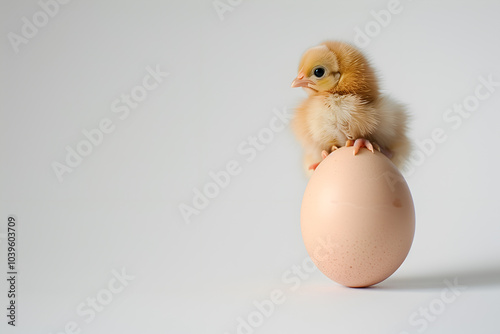 A chick hatches from an egg. Farm housekeeping concept