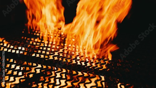 Intense and vibrant flames glow beautifully over a patterned grill grate, ideal for cooking or firethemed visuals photo