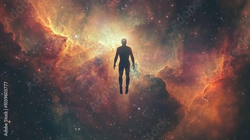 A Moment of Cosmic Connection:Floating in Infinity.Concept of solitude, cosmic contemplation, spiritual connection, the vastness of the universe.