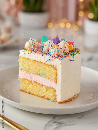 Delicious moist birthday cake slice adorned with vibrant sprinkles and creamy frosting, perfect for celebrations!