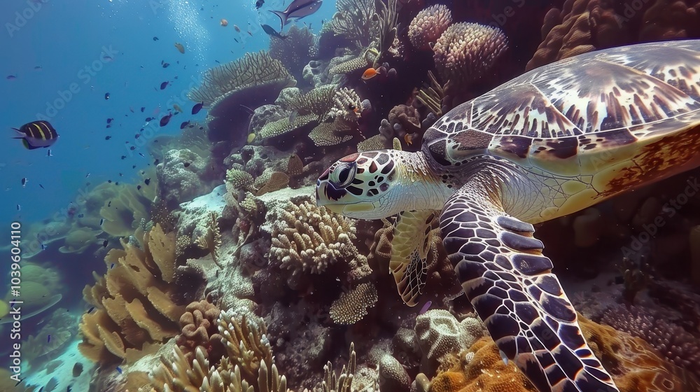 Fototapeta premium Underwater Moment with Hawksbill Sea Turtle