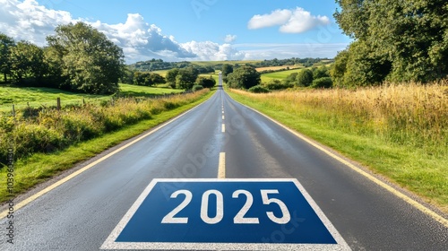 Road to 2025:New Year's Resolution. Concept of anticipation, future, time passing, new beginnings, hope, change.Sky High Goals,Looking Upward