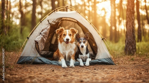 In the jungle, two dogs in a tent. take the pet on a trip. A Jack Russell Terrier with a Nova Scotia Duck Tolling Retriever. Canine adventurer
