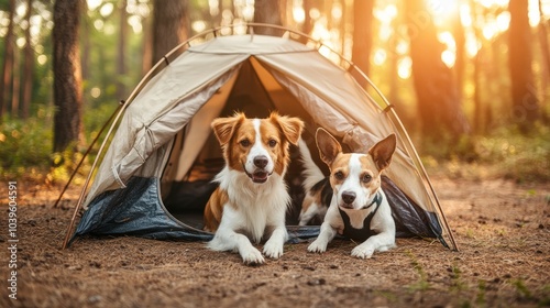 In the jungle, two dogs in a tent. take the pet on a trip. A Jack Russell Terrier with a Nova Scotia Duck Tolling Retriever. Canine adventurer photo