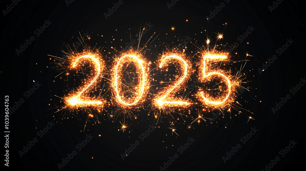 Sparkling 2025 Text with Fireworks Effect on a Dark Background Sparkling 2025 Text with Fireworks Effect on a Dark Background