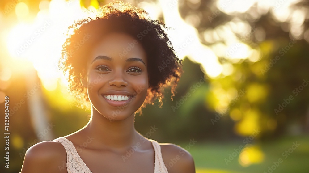 Happy Woman Smiling in Nature During Sunset Happy Woman Smiling in Nature During Sunset