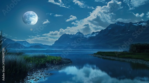 Serene Night Landscape with Full Moon over Mountain Lake