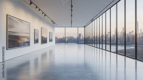 Modern Empty Gallery Room with Backlit Display Wall and City Skyline View