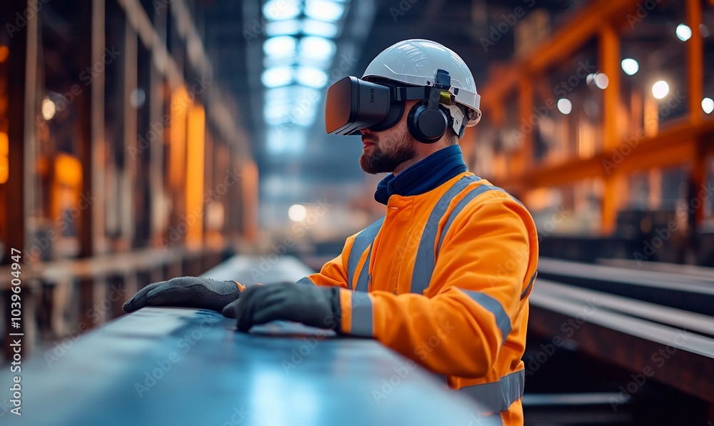 A construction worker wearing a VR headset and safety gear in a warehouse.