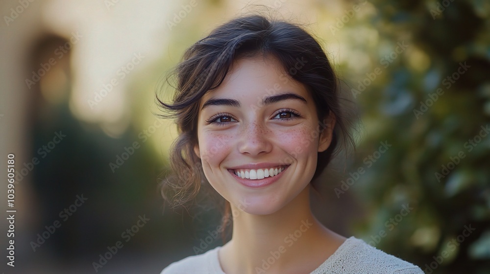 Cheerful Woman Smiling Outdoors in Natural Light Cheerful Woman Smiling Outdoors in Natural Light