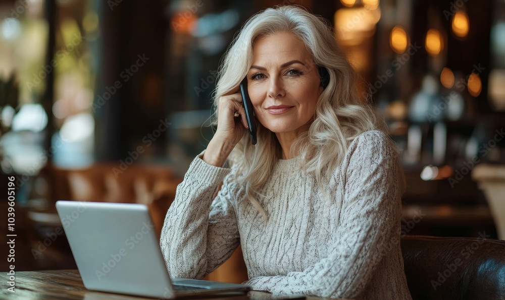 Mature business woman making a phone call while working in a cafe, Generative AI Mature business woman making a phone call while working in a cafe, Generative AI