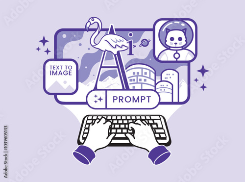 Hand typing AI prompt on keyboard and generate creating stunning digital artwork text to image 