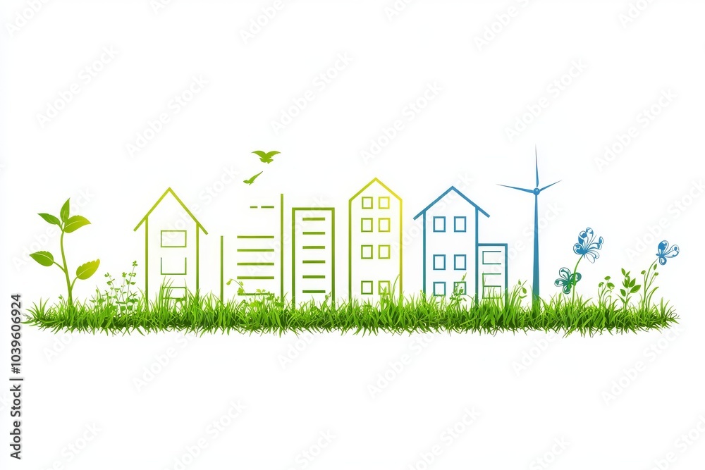 Green city illustration with trees and wind turbines symbolizing eco friendly urban development sustainable energy and modern city planning for environmental sustainability Green city illustration with trees and wind turbines symbolizing eco friendly urban development sustainable energy and modern city planning for environmental sustainability