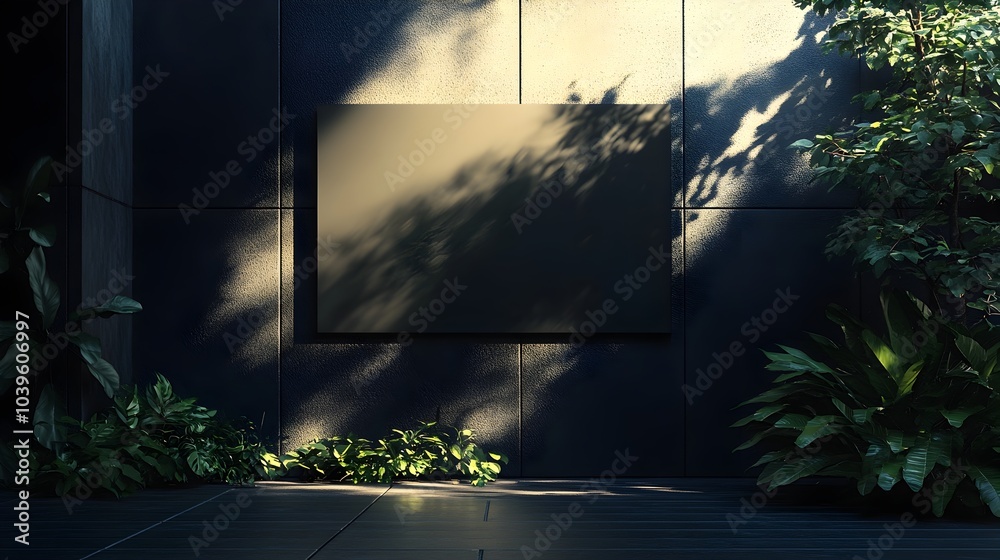 Fototapeta premium Black Billboard Mockup on Tiled Wall with Sunlight 3D Rendering