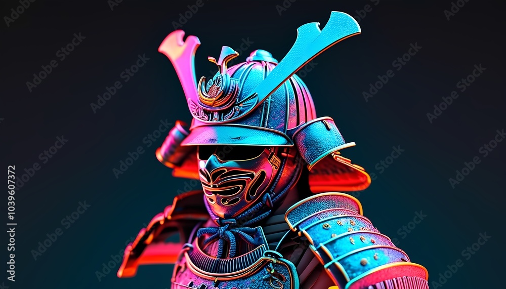 Neon-glowing samurai helmet with glowing engravings Neon-glowing samurai helmet with glowing engravings