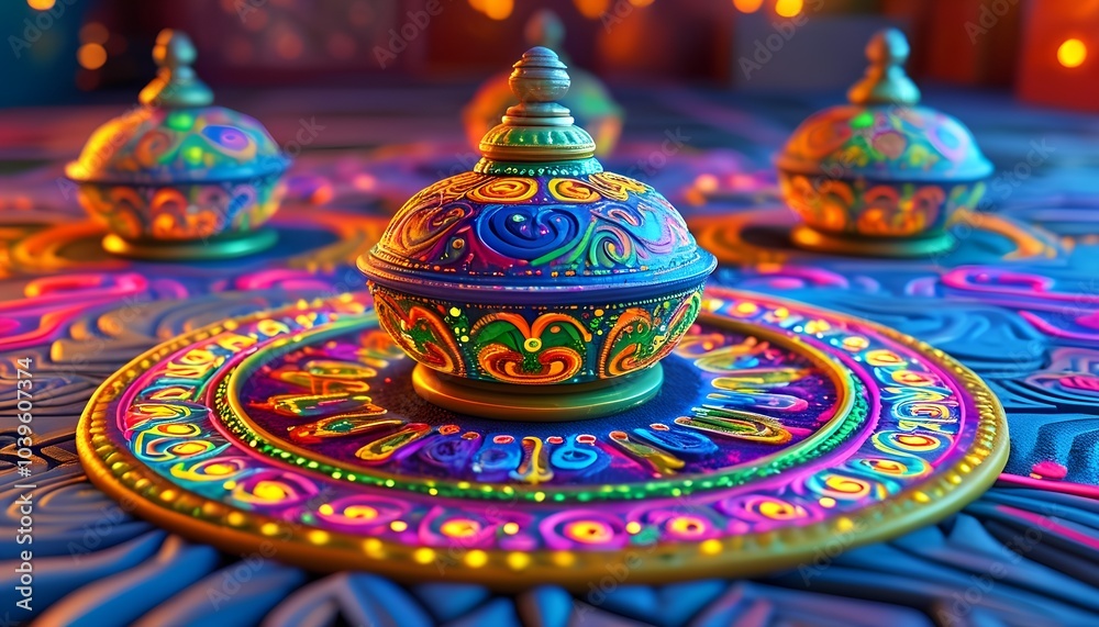 Neon-glowing rangoli with vibrant neon colors Neon-glowing rangoli with vibrant neon colors