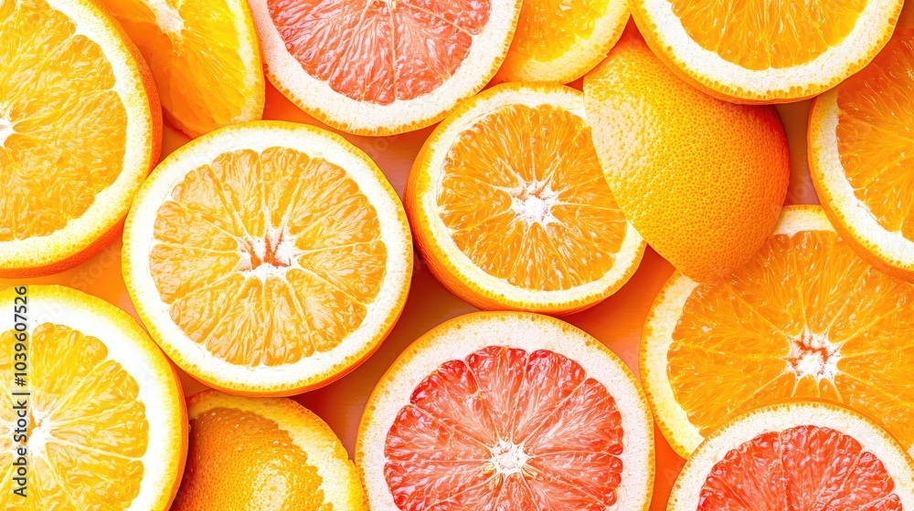 Close-up of juicy oranges and grapefruits sliced open, showing their colorful and refreshing citrus flesh. Close-up of juicy oranges and grapefruits sliced open, showing their colorful and refreshing citrus flesh.