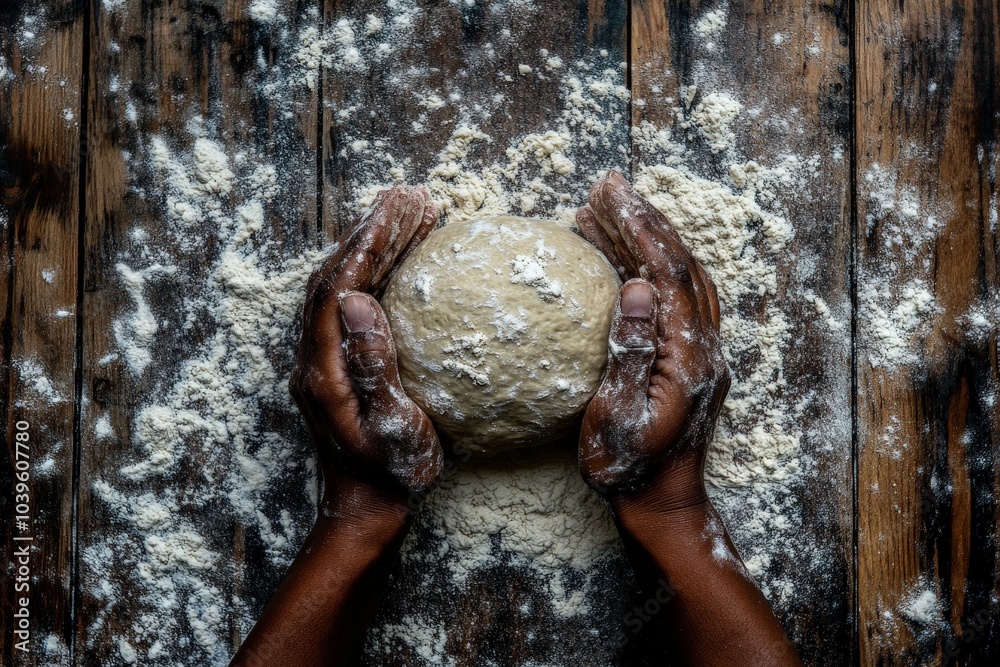 Fototapeta premium A pair of rich, dark hands securely cup a moist dough ball on a flour-strewn rustic wooden table, embodying the heart of baking and culinary creativity.
