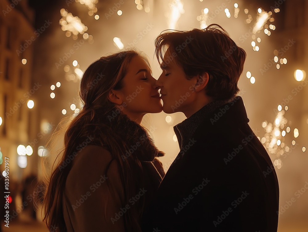 Couple exchanging a midnight kiss under the fireworks, bundled in winter coats, festive and romantic