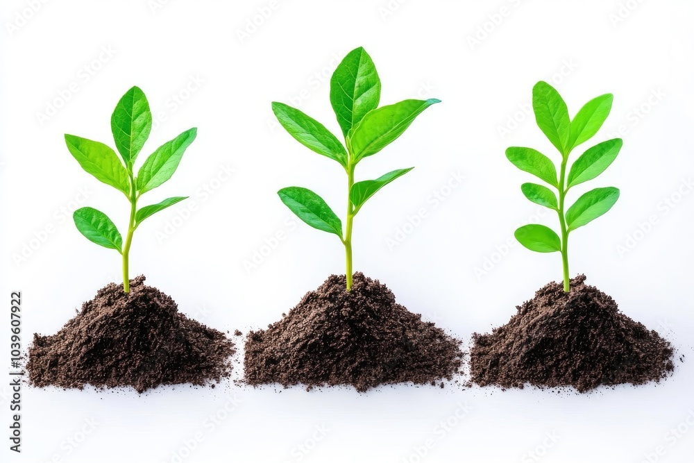 Seedlings sprouting from soil with clean white background symbolizing plant growth sustainability organic farming and early stages of eco friendly agriculture Seedlings sprouting from soil with clean white background symbolizing plant growth sustainability organic farming and early stages of eco friendly agriculture