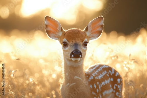 A lone deer grazes in a sun-drenched forest clearing.. Beautiful simple AI generated image photo