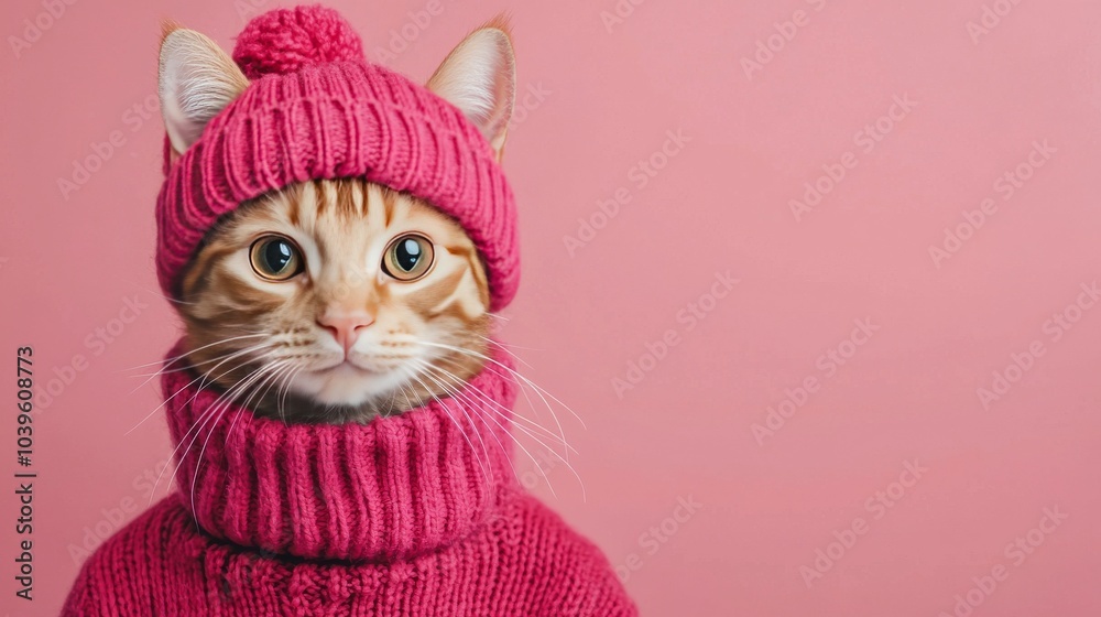 Cute Cat Wearing Pink Knit Hat and Sweater