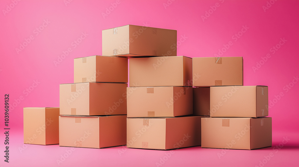 Orderly stack of cardboard boxes on a plain background, clean and simple arrangement Orderly stack of cardboard boxes on a plain background, clean and simple arrangement