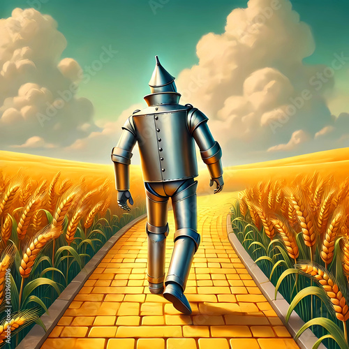 Tinman walking on a yellow brick road paved by wheatfield from Oz
