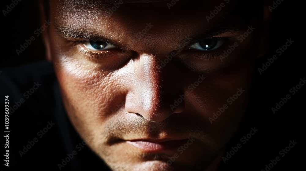 Fototapeta premium A man's face in tight focus, expression serious, against a black backdrop
