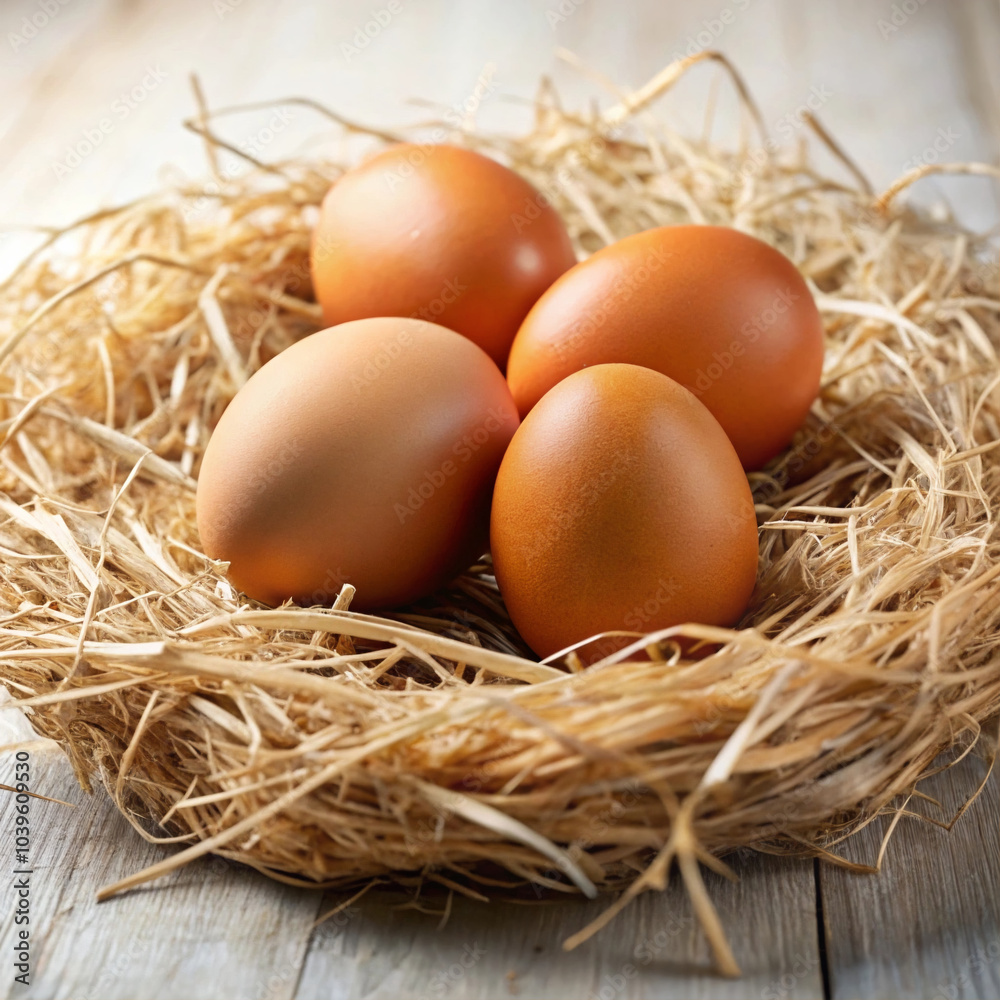 Brown Chicken Eggs Nestled in Dried Hay Brown Chicken Eggs Nestled in Dried Hay